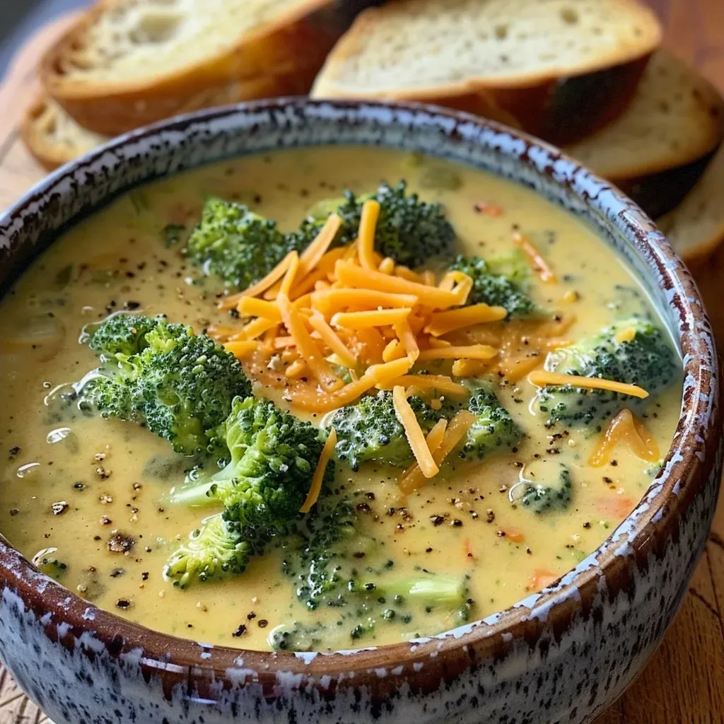 Close-up de sopa cremosa de brócoli y cheddar.