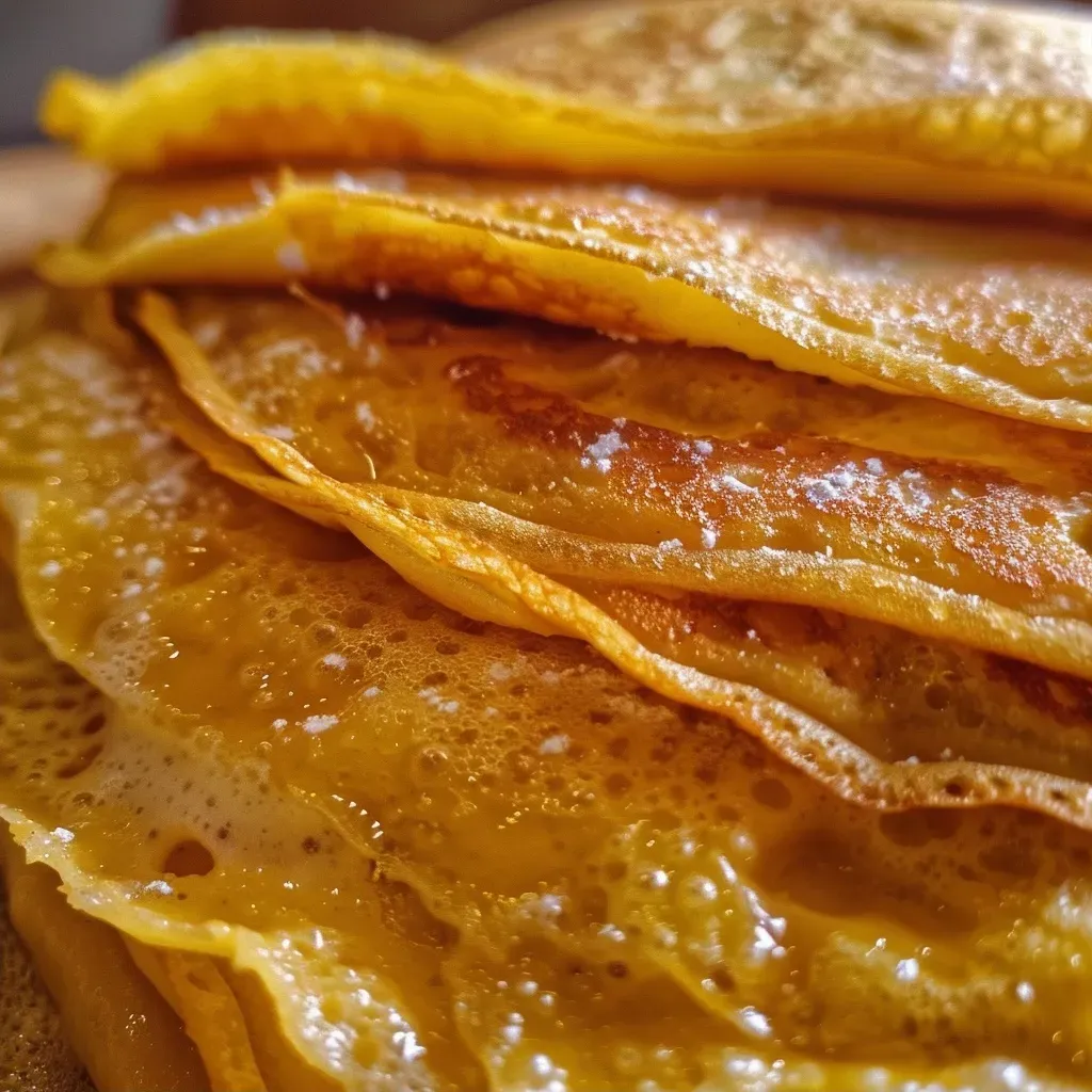 Detalle de crêpes de calabaza con un toque cremoso.