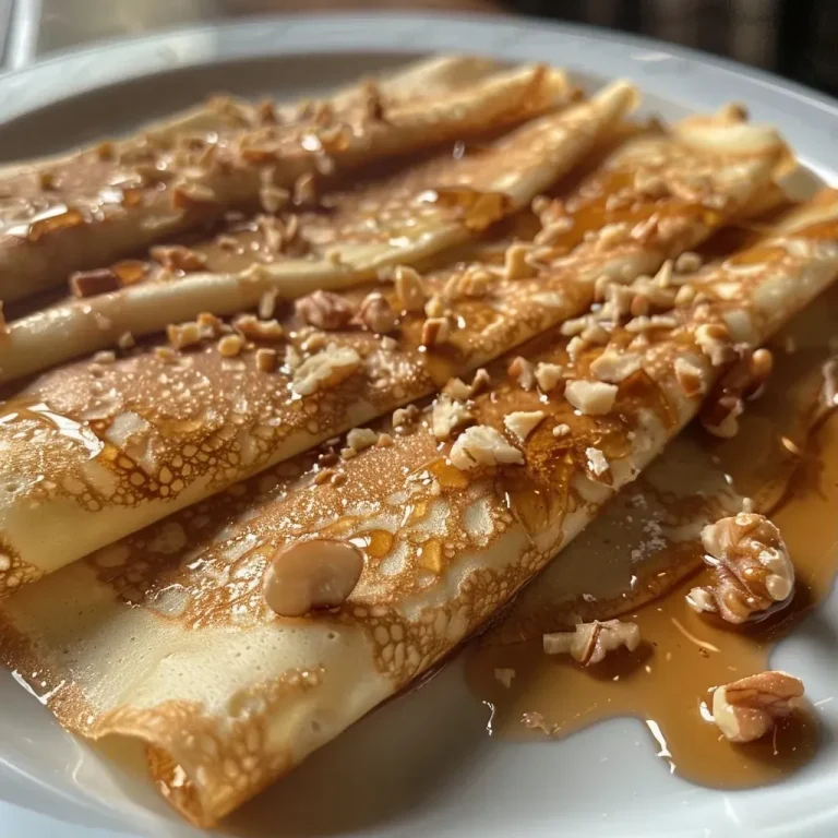 Crêpes con sirope de arce y nueces en un plato.