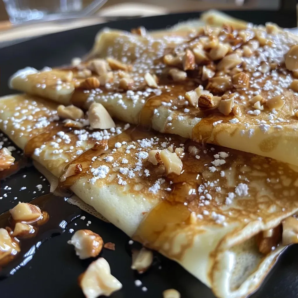 Primer plano de crêpes servidas con nueces y jarabe de arce.