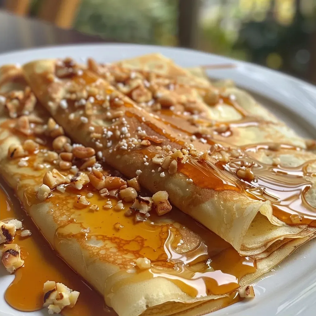 Primer plano de crepes rellenos de requesón y nueces.