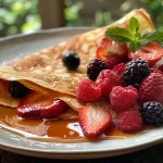 Crepes saludables rellenas de frutos rojos en un plato.