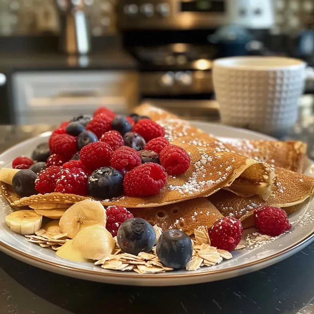 Vista lateral de crepes de avena con frutas rojas frescas.