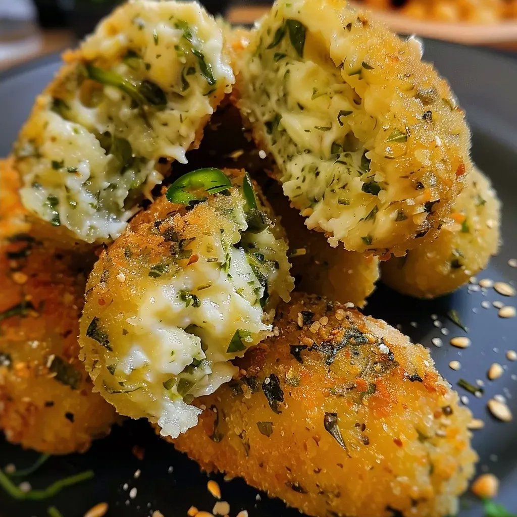 Vista lateral de croquetas de espinaca, con un relleno cremoso.