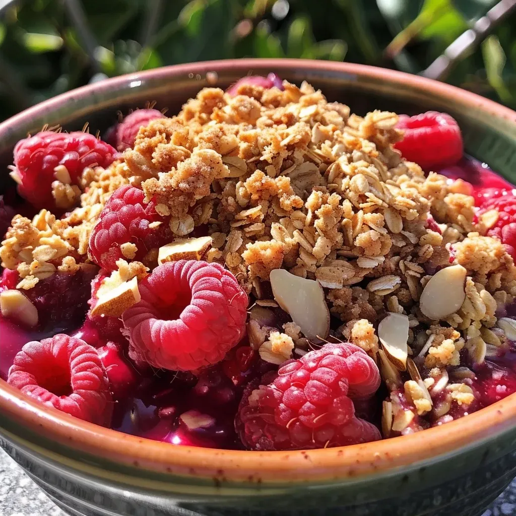 Primer plano de un crumble de frutas recién horneado.