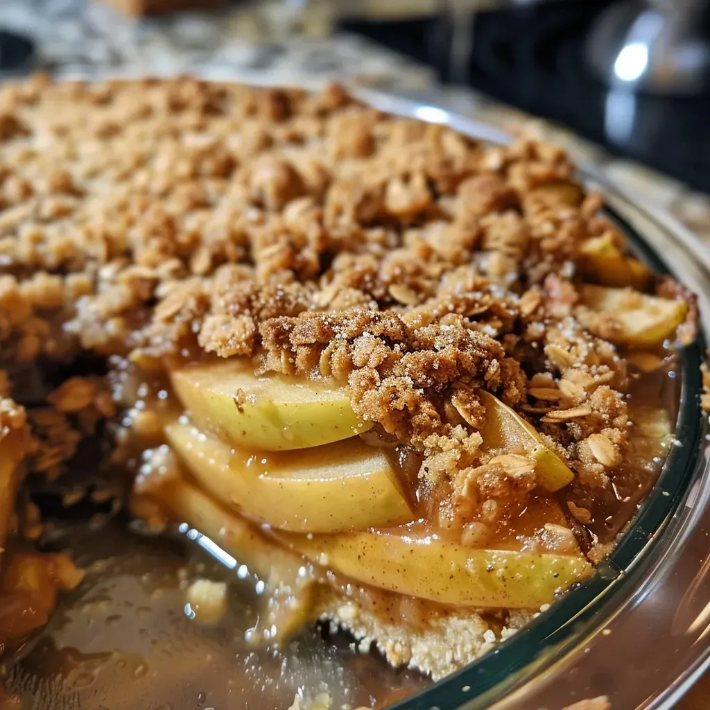 Primer plano de un crumble de manzana, mostrando su textura crujiente.