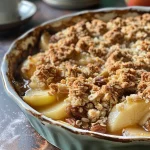 Crumble de manzana sin gluten presentado en un plato.