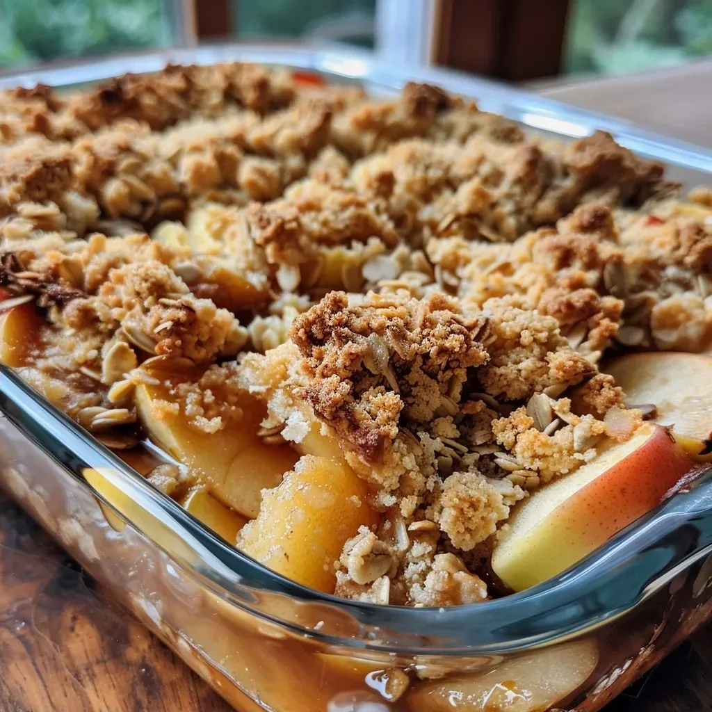 Detalle de un Crumble de manzana, con textura crujiente.