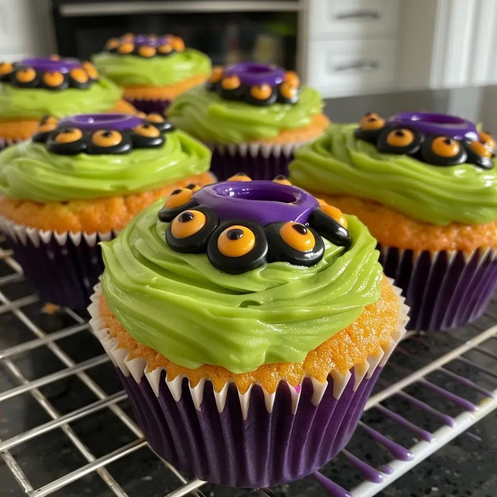 Vista lateral de cupcakes de Halloween con glaseado verde y morado.