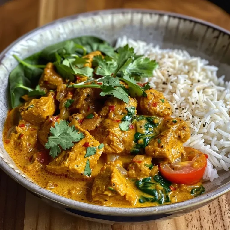 Curry de leche de coco con trozos de pavo y espinacas.