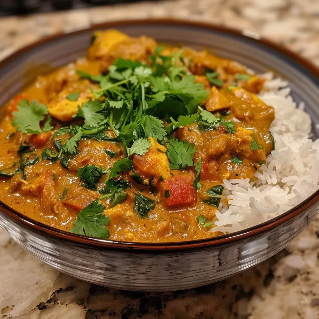 Primer plano de un curry cremoso con ingredientes frescos.