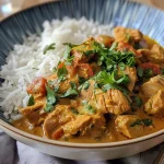Curry de pavo cremoso con leche de coco en un plato.