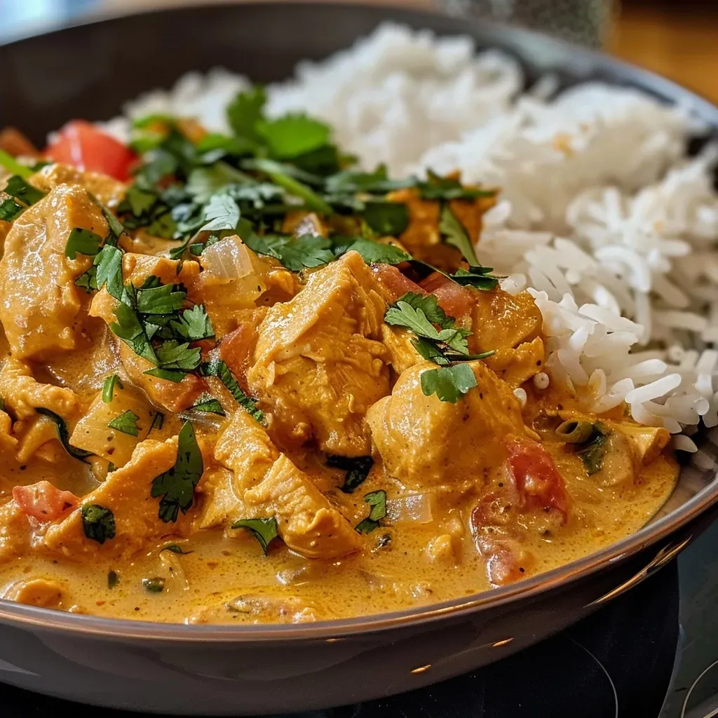 Primer plano de un delicioso curry de pavo con ingredientes frescos.