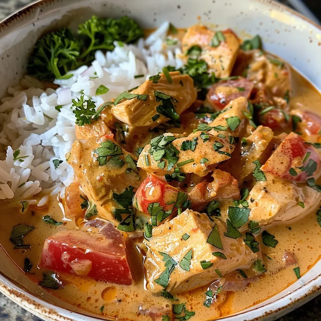 Primer plano de un delicioso curry de pavo.