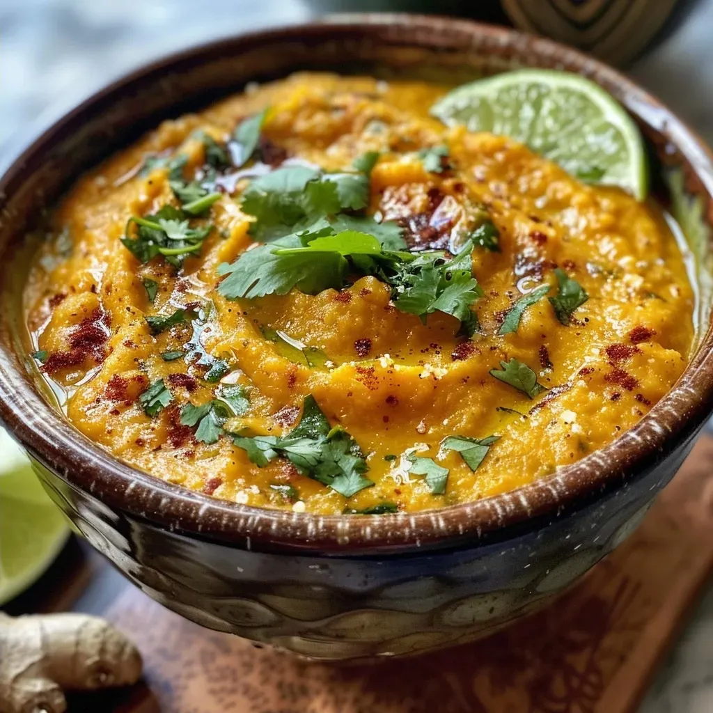 Primer plano de un dip de calabaza con curry acompañado de chips.
