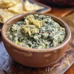 Dip cremoso de espinacas y alcachofas en un tazón.