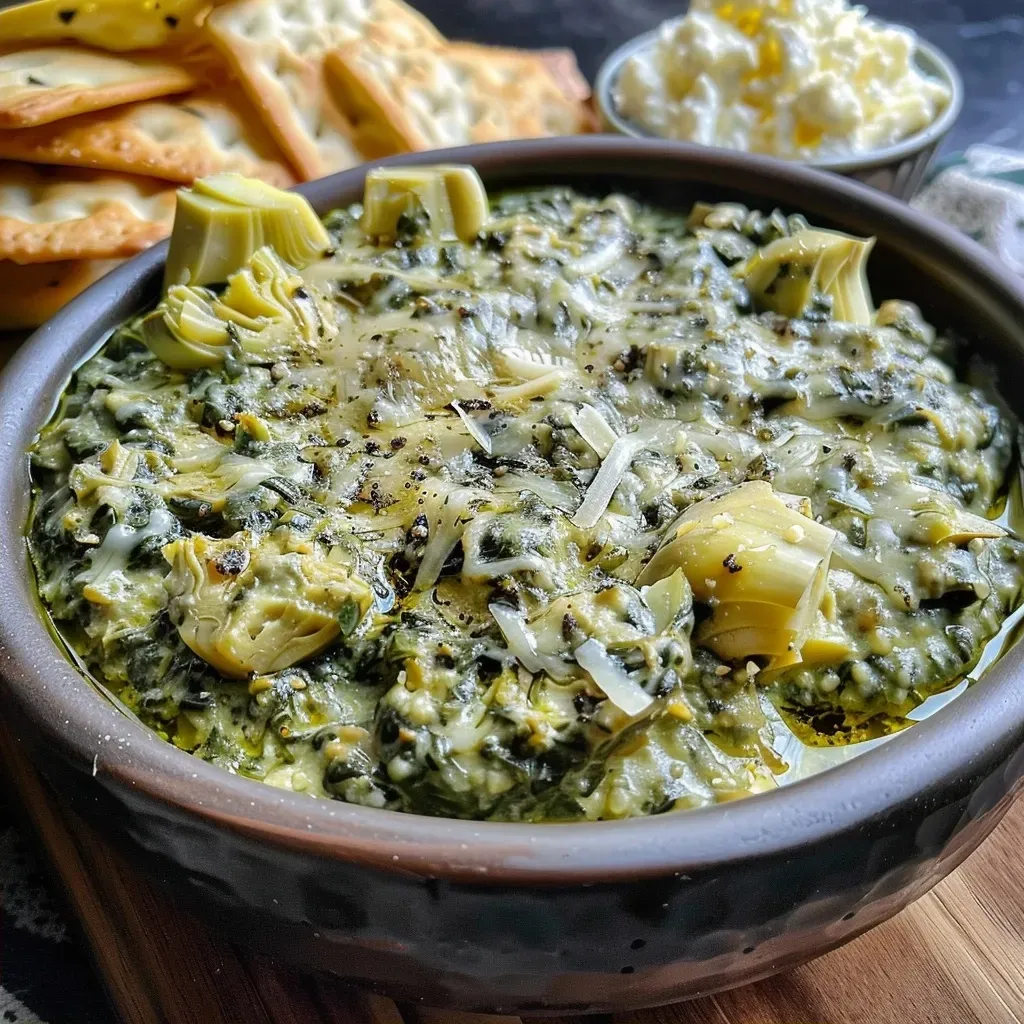 Primer plano de un delicioso dip de espinacas y alcachofas.