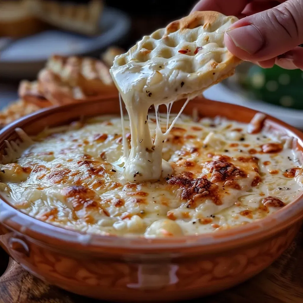 Primer plano de un dip cremoso de queso y tocino.