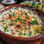 Dip Millonario en un plato con ingredientes frescos al fondo.