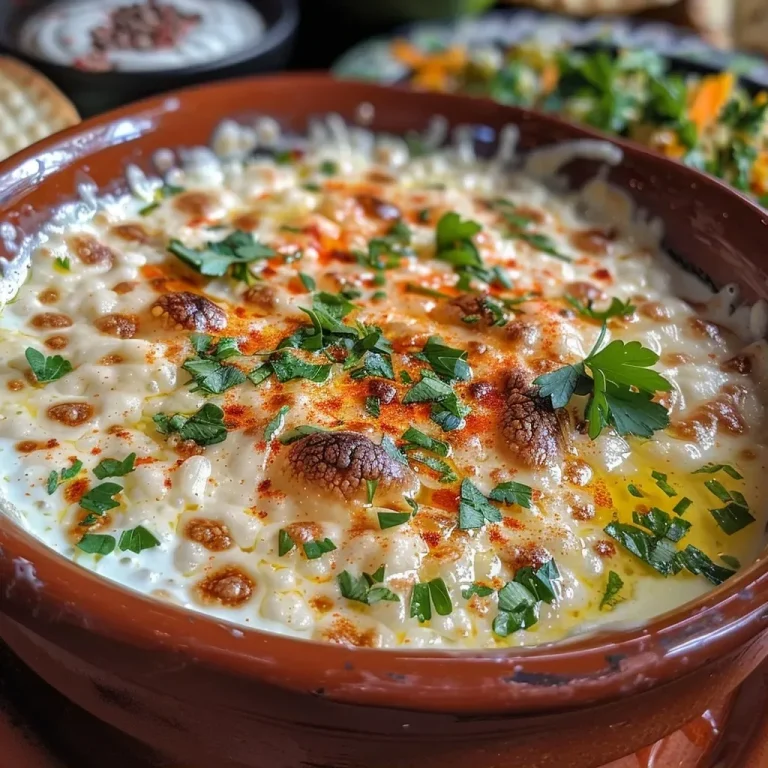 Dip Millonario en un plato con ingredientes frescos al fondo.
