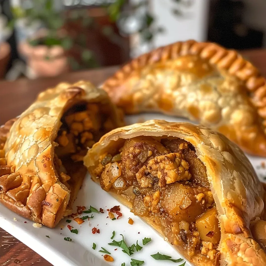 Primer plano de empanadas veganas recién horneadas.