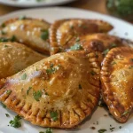 Empanadillas vegetarianas doradas y jugosas en primer plano.