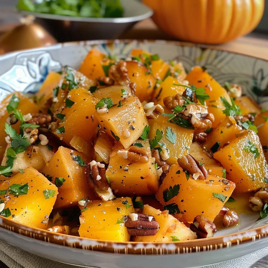 Primer plano de ensalada colorida de calabaza y pera.
