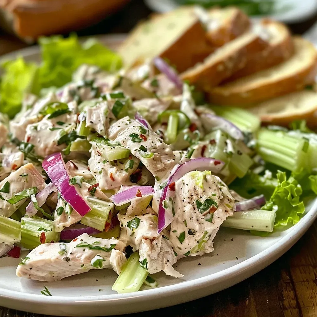 Primer plano de un sándwich de ensalada de pollo con ingredientes frescos.