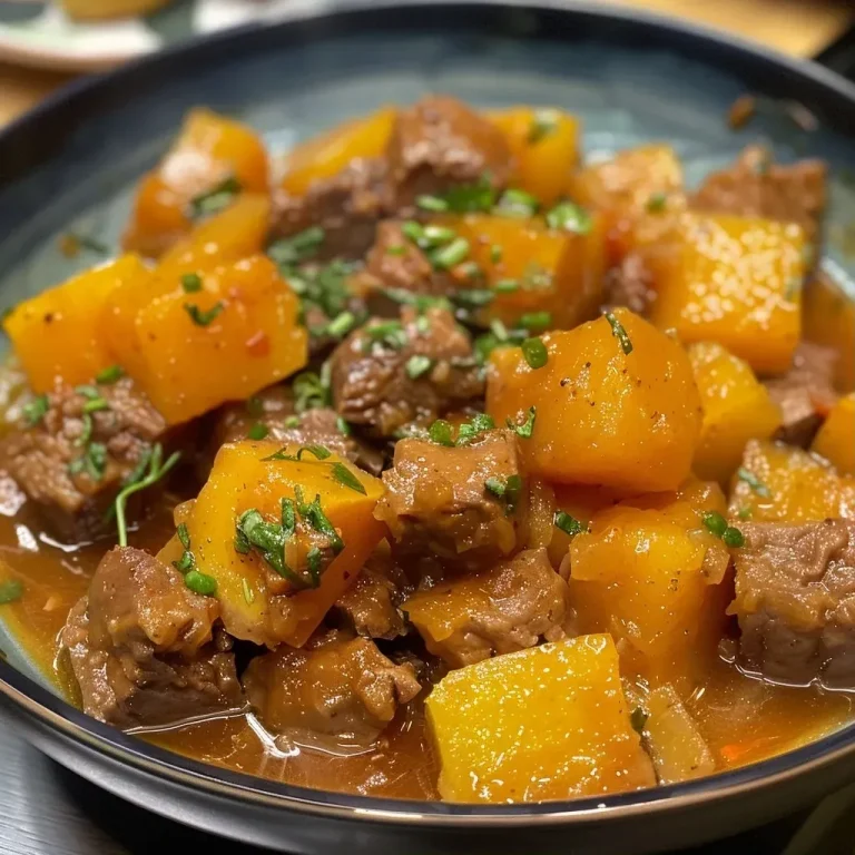 Estofado de calabaza con tocino y verduras.