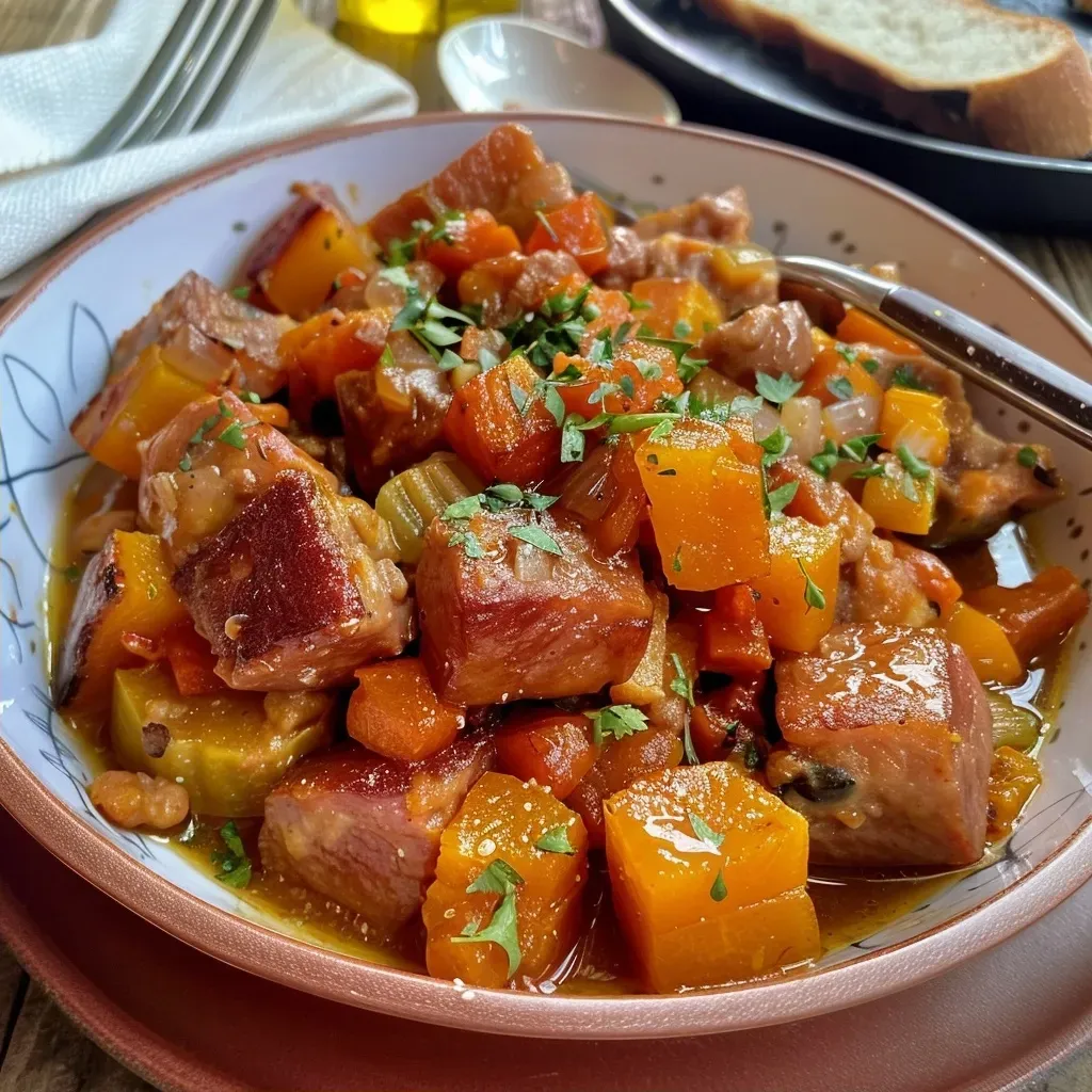 Primer plano de un estofado de calabaza en un plato.