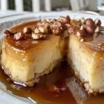 Flan de avellanas con caramelo dorado en un plato.