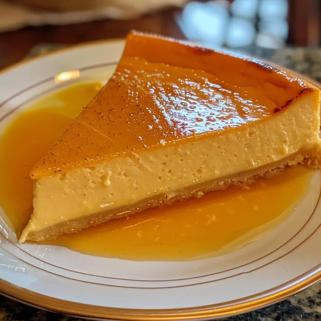 Close up de un flan de calabaza, mostrando su brillo y color.