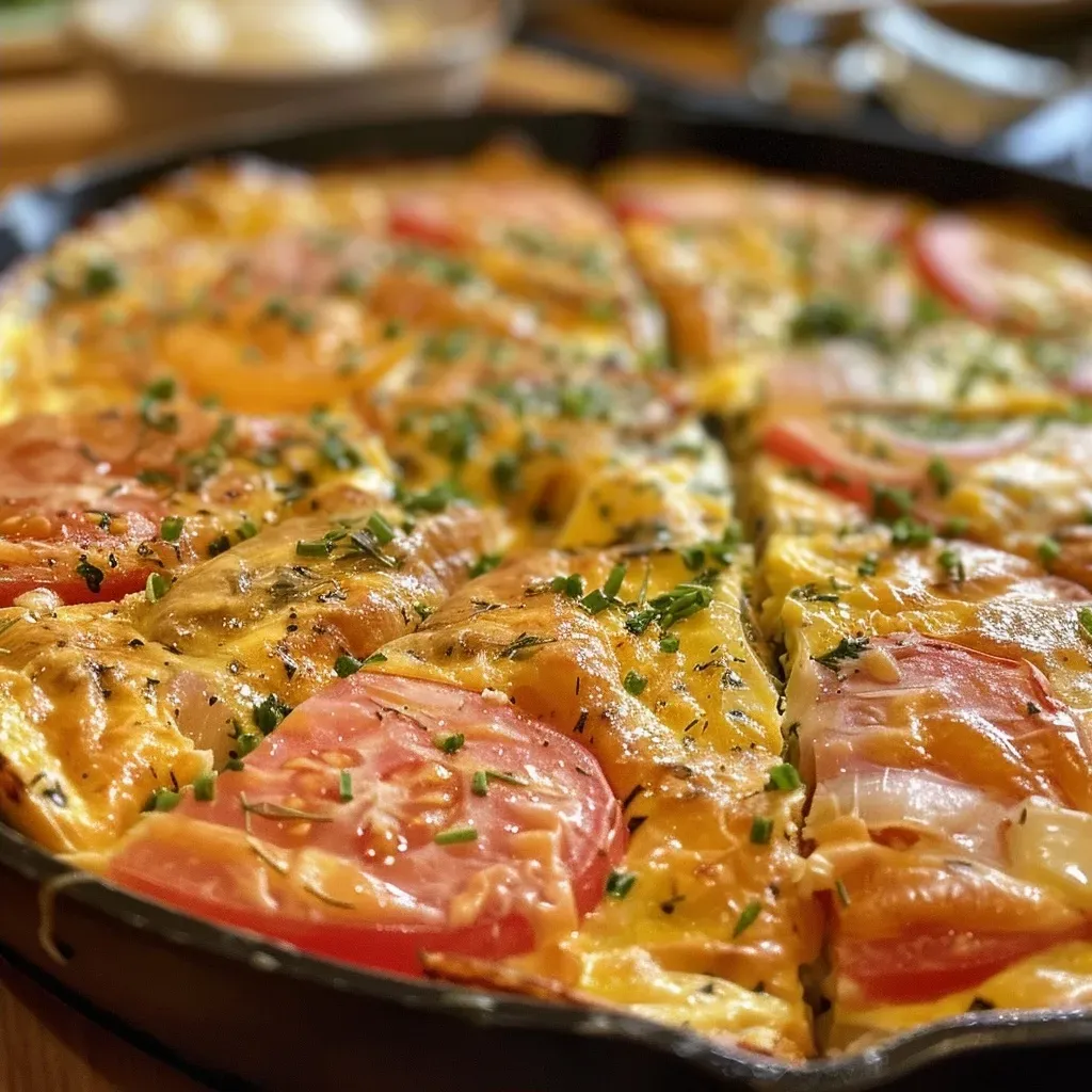 Primer plano de una fritata de calabacín con ingredientes visibles.