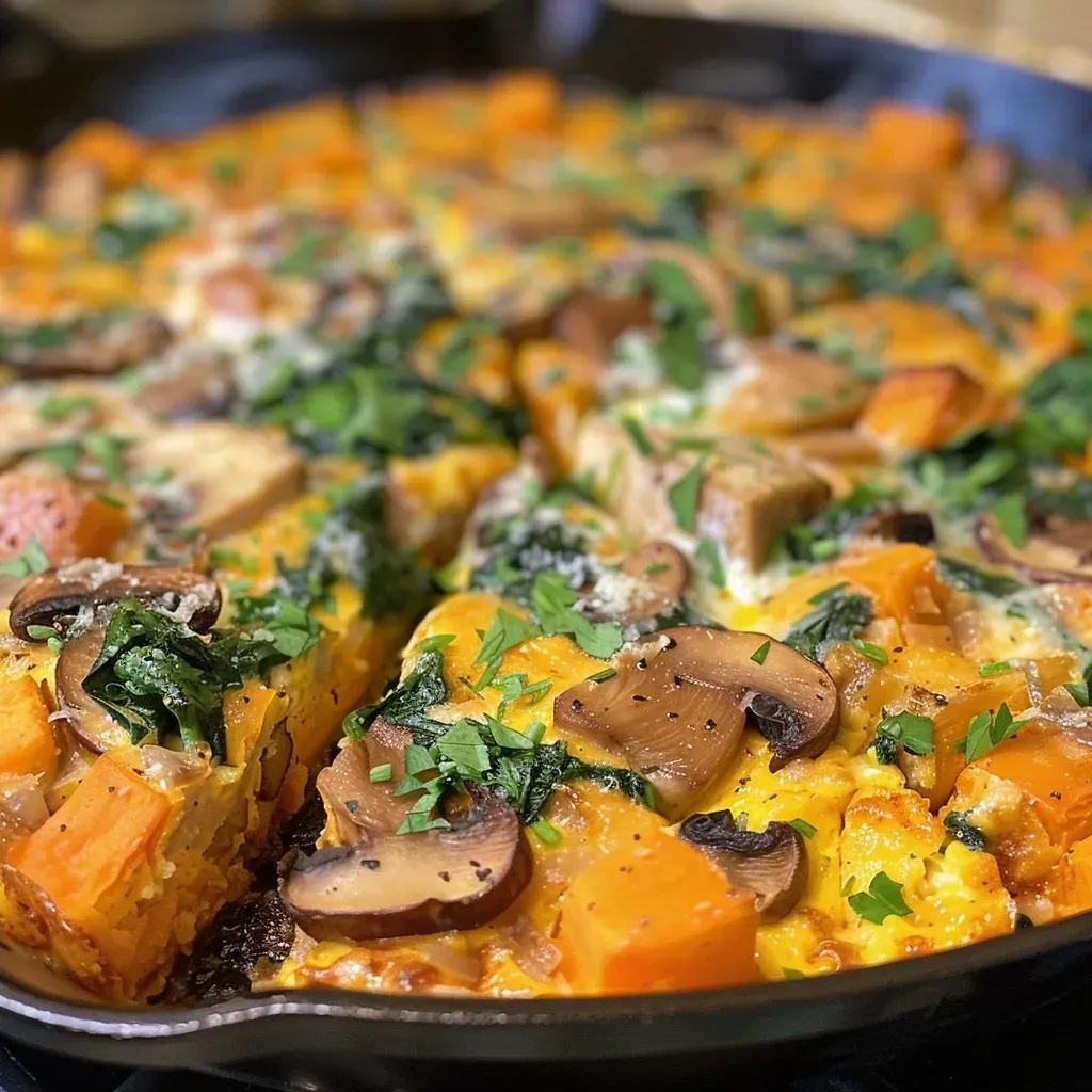 Primer plano de una frittata de pavo, mostrando sus ingredientes frescos.