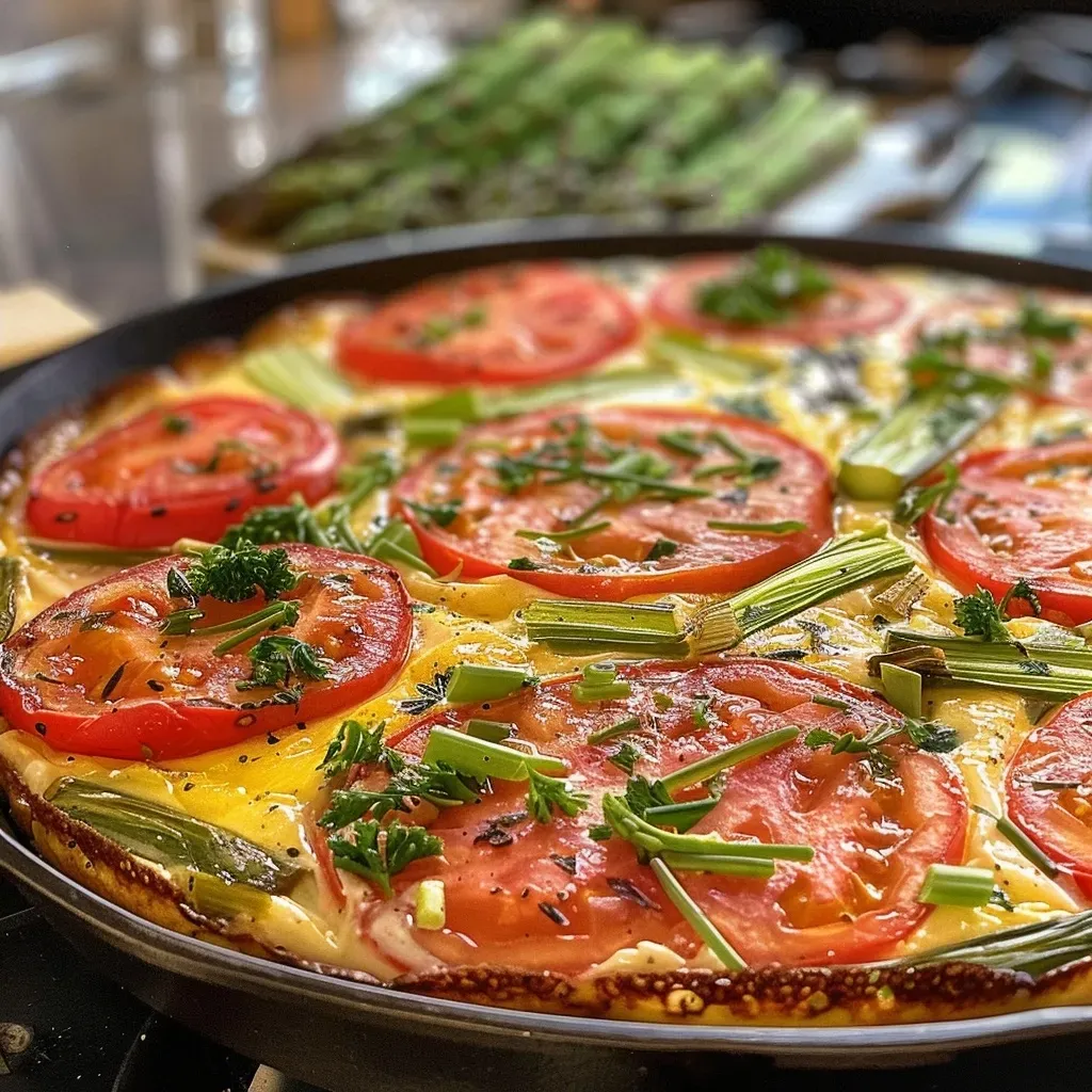 Vista lateral de una frittata jugosa con espárragos y tomates cherry.