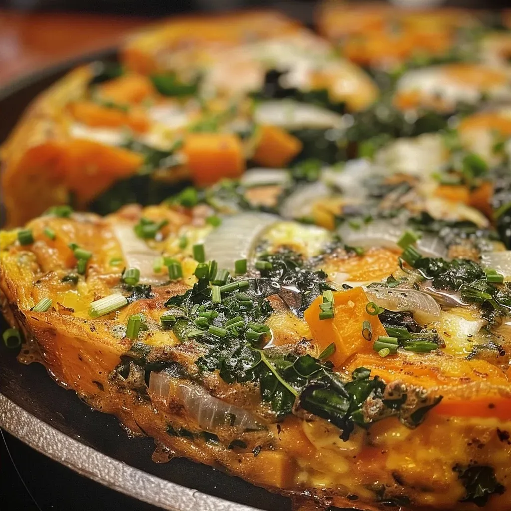 Vista lateral de una frittata colorida con ingredientes frescos.