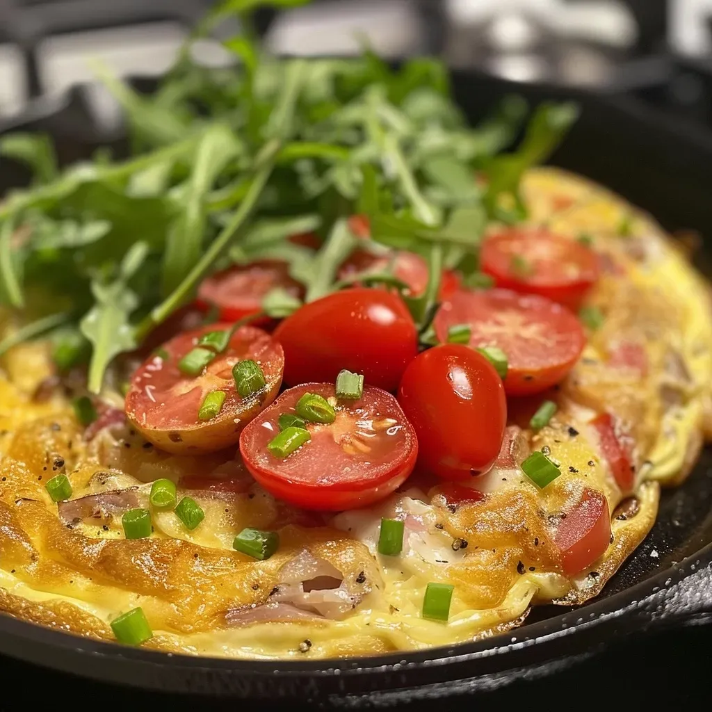 Cercano a una frittata jugosa con ingredientes variados.