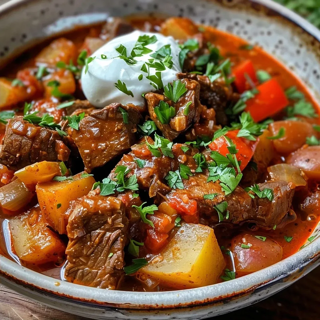 Vista lateral de un delicioso goulash húngaro.
