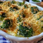 Gratinado saludable de brócolis con ricota en primer plano.