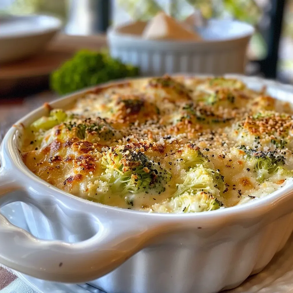 Detalle de un gratinado de brócolis con ricota.