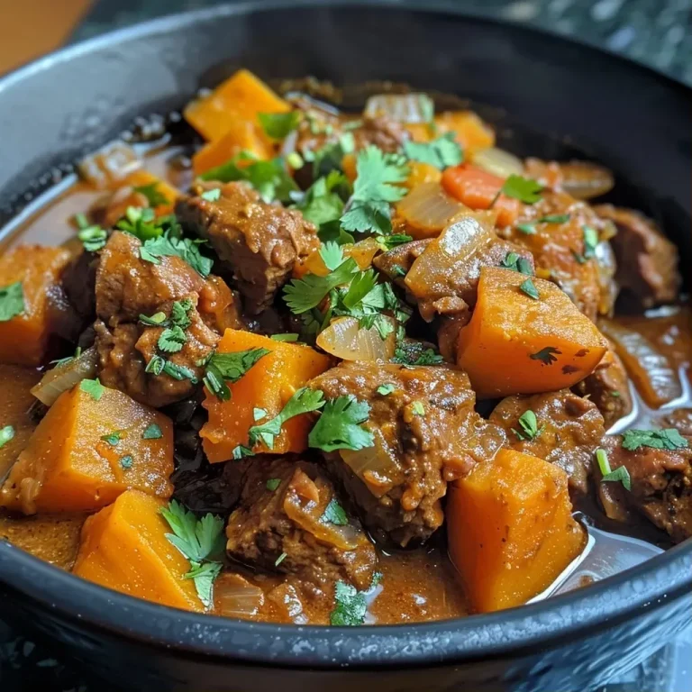 Guiso de carne y batata, servido en un plato hondo con cilantro fresco.