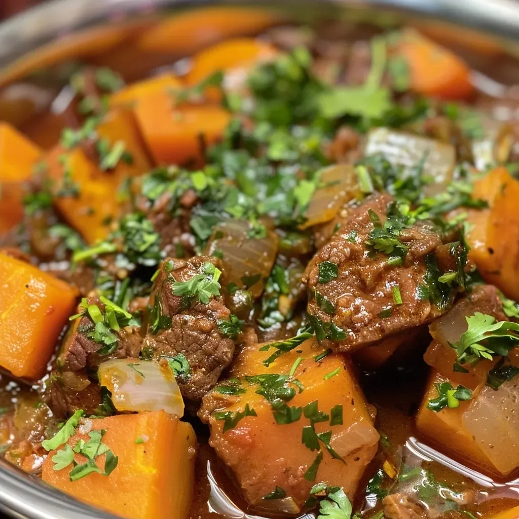 Primer plano del guiso de carne con batatas y cebolla.