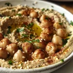 Hummus de boniato a la cúrcuma presentado en un bol colorido.