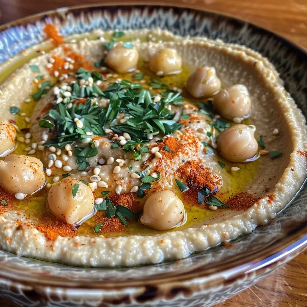 Plato de hummus de boniato decorado con un toque de cúrcuma.