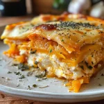 Lasaña de calabaza jugosa y deliciosa en primer plano.