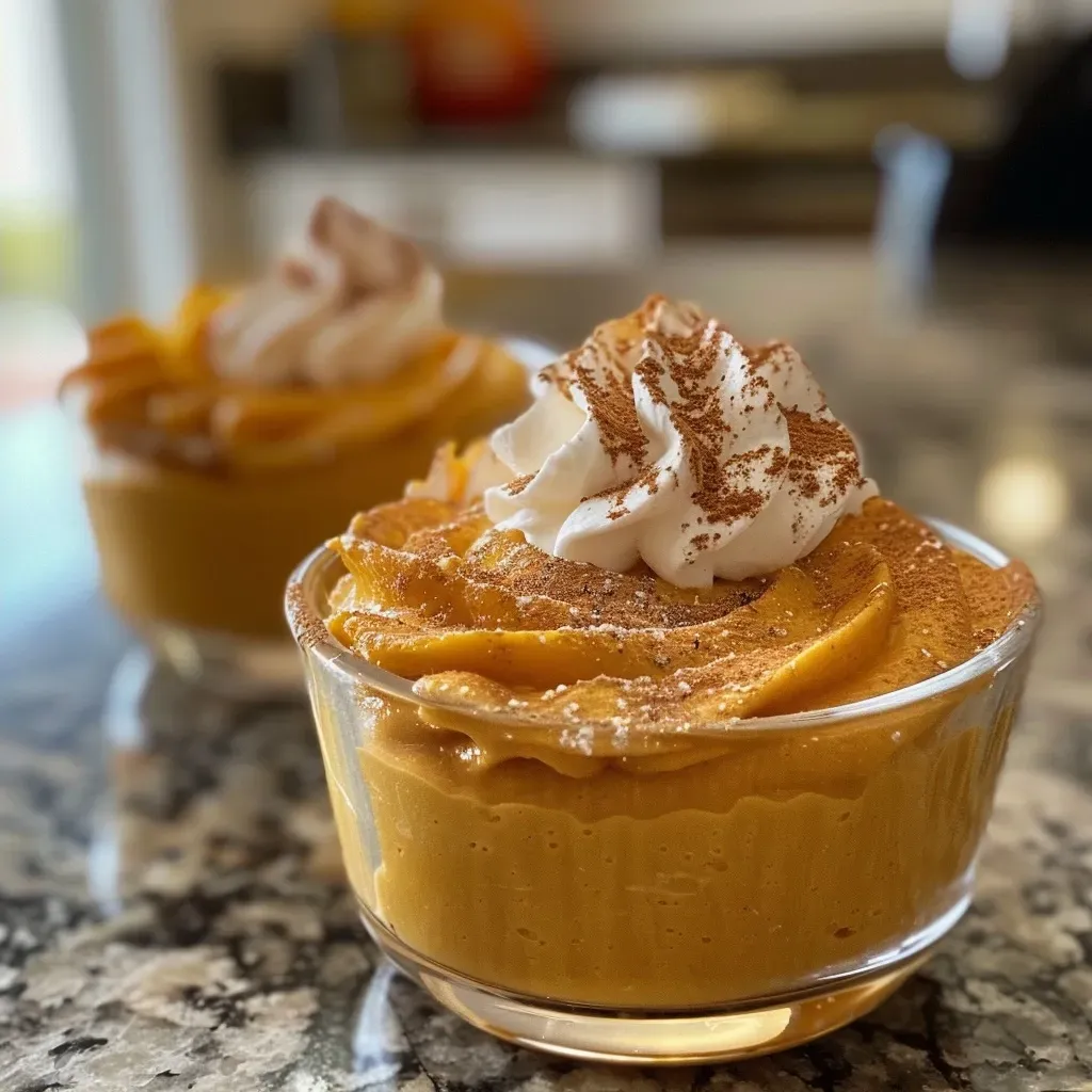 Vista lateral de mousse de calabaza cremosa en un plato.