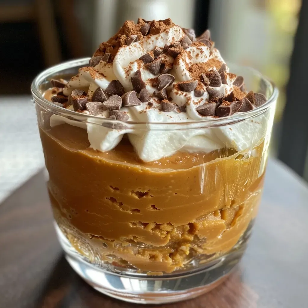 Primer plano de mousse de calabaza con chocolate blanco.
