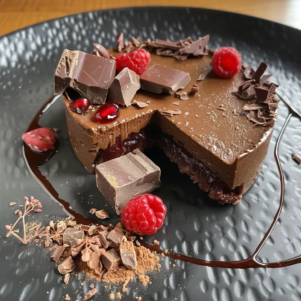 Primer plano de mousse de chocolate decorado con virutas.