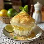 Mousse de limón en un vaso transparente, con textura cremosa y decorado con ralladura de limón.