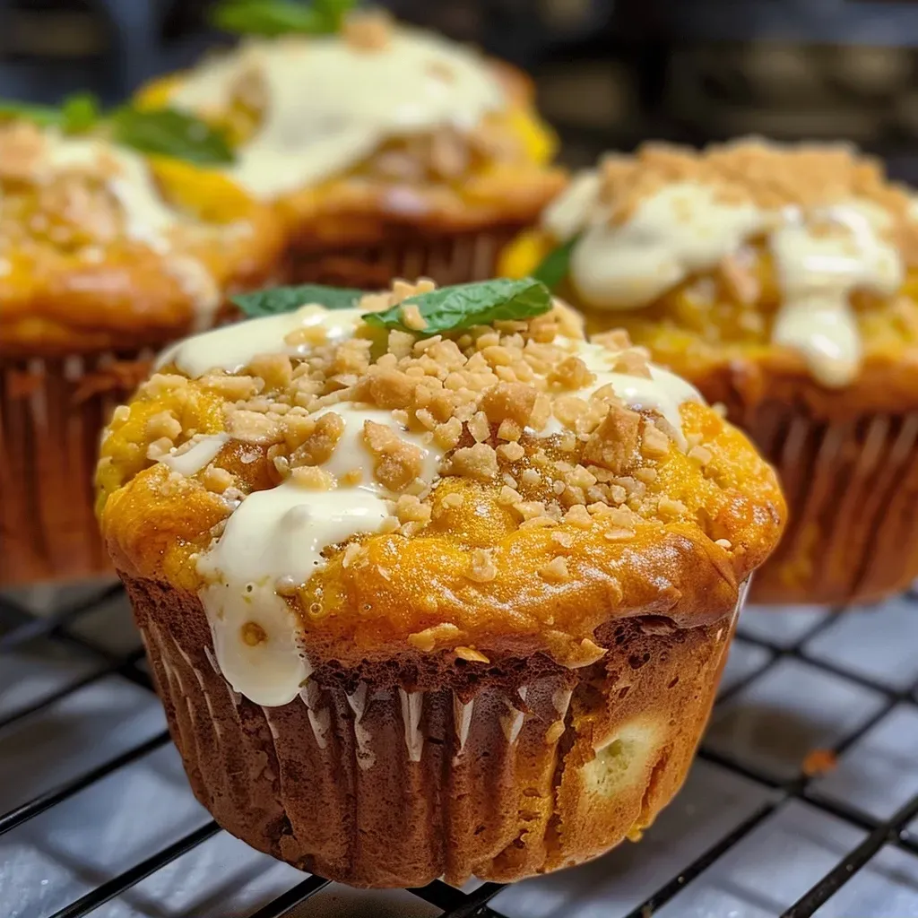 Detalle de muffins de calabaza con glaseado de queso crema.